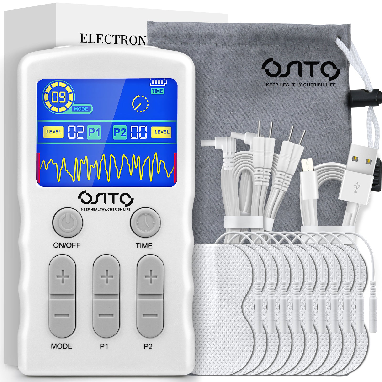 Electrical muscle stimulator, TENS device with EMS and massage - pain relief, massage, physiotherapy, easy to carry, 25 massage programs + 10 electrodes